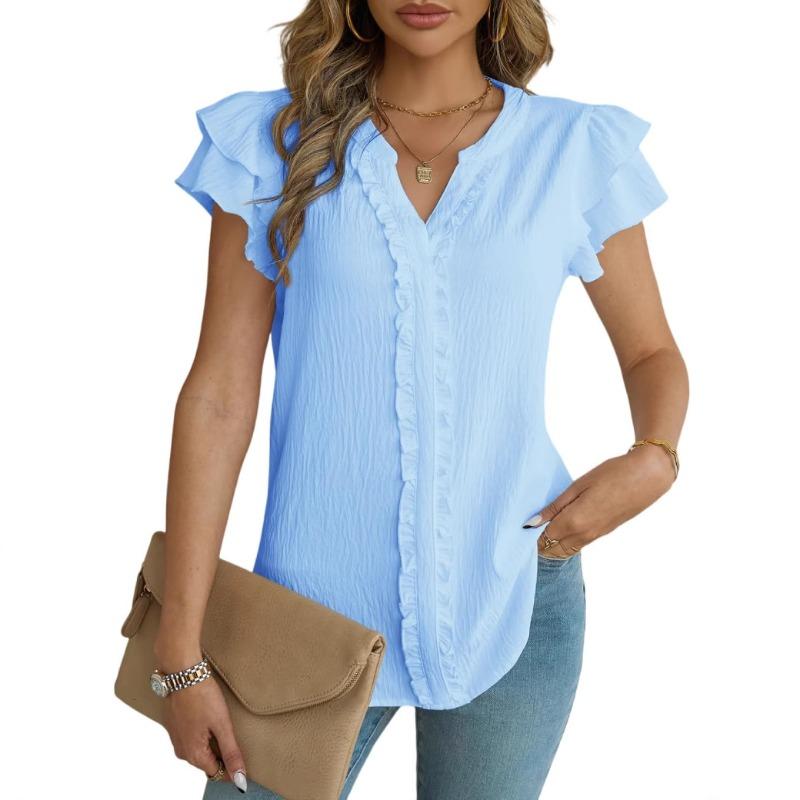 Summer Fashion Ruffled V-neck Women's Pullover Double Layered Short Sleeved T-shirt