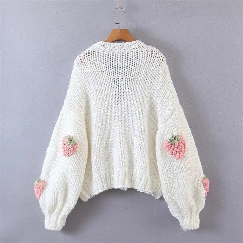 Autunno Abbigliamento Donna Moda Ricamo Fragola Maglione Lavorato a Maglia Cardigan Dolce Scollo a V Manica Lunga a Lanterna Cardigan Larghi Cappotto
