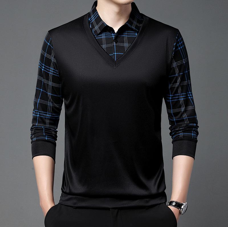 

Men s Spring/Fall Lightweight Long-Sleeve T-Shirt Mid-Age Shirt Collar Striped Base Layer Top XS чорний