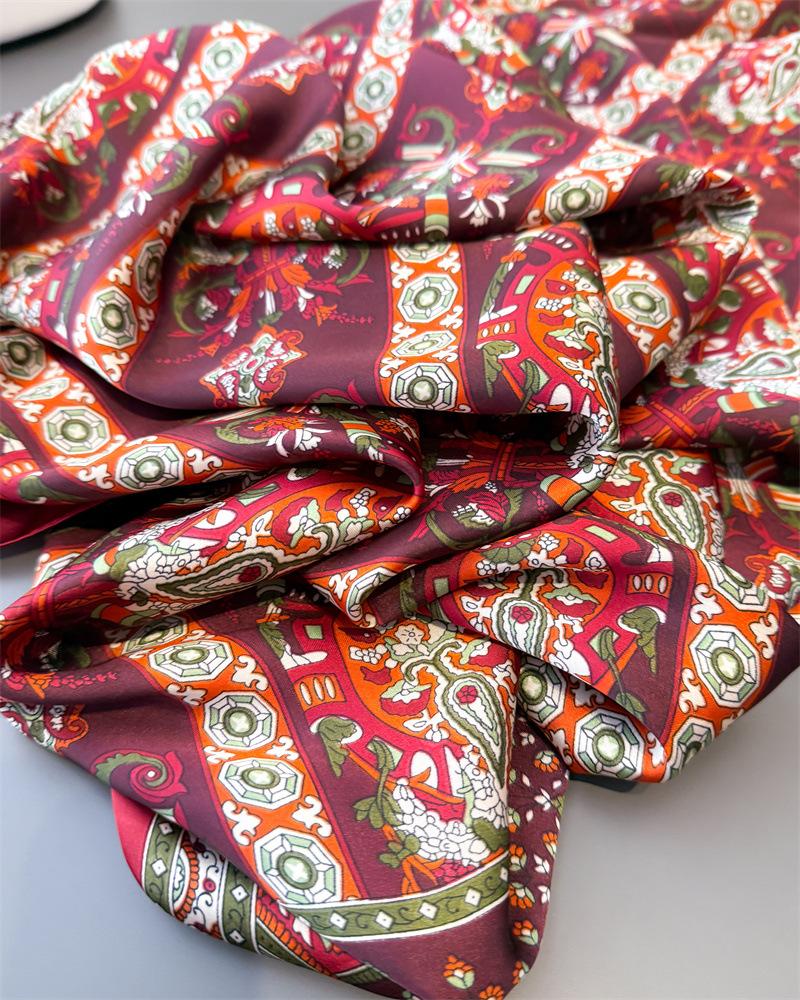 Vintage Prints Large Silk Scarf Women's Luxury Design Smooth Soft Satin Shawl Beach Sun Protection 180x80cm Foulard Bandana