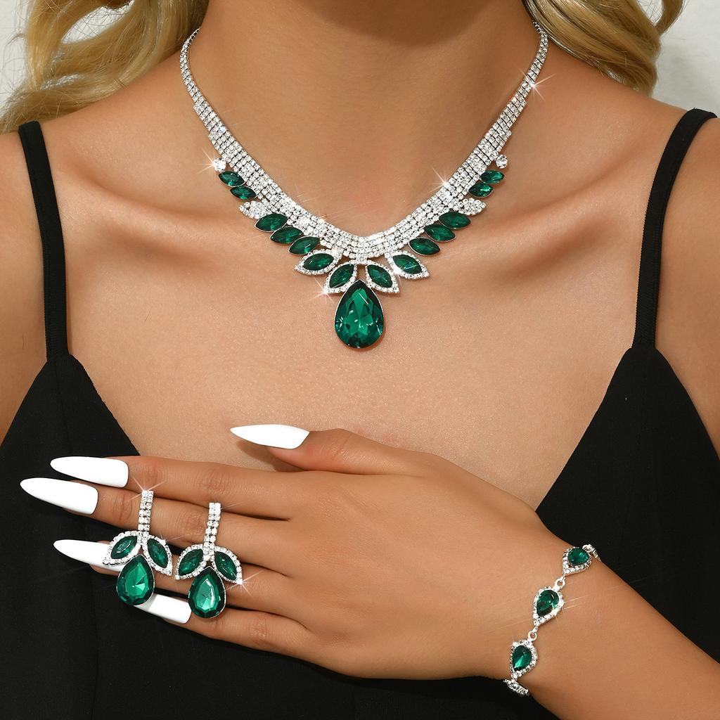 Populaire Collier Chaîne Clavicule Bracelet Type Goutte d'Eau Strass Cristal Plein de Diamants Ensemble Trois Pièces