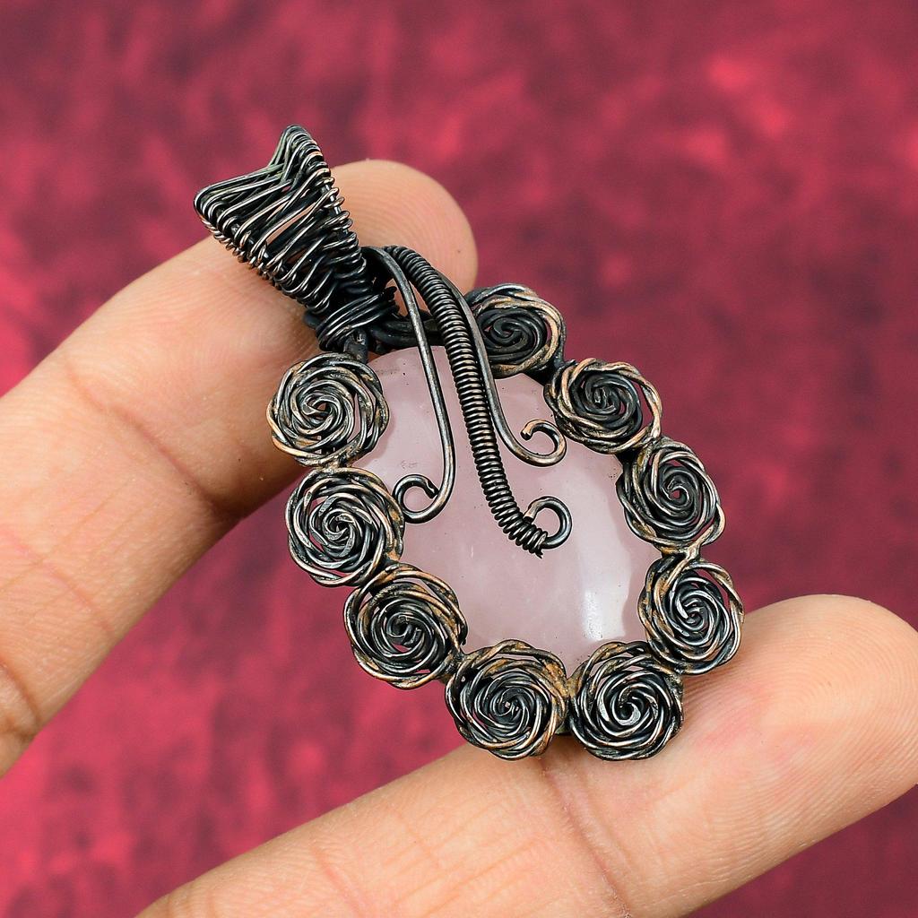 Rose Quartz Pendant Copper Wire Wrapped Pendant Handmade Pendant Wire Wrap Jewelry Gemstone Flower Pendant Copper Jewelry Anniversary Gifts