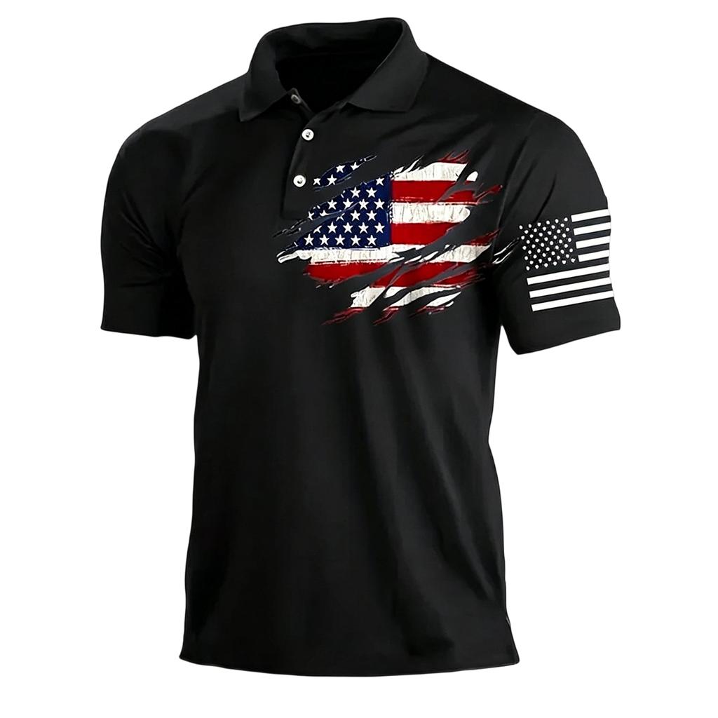 Men’s Casual Polo Shirt Short Sleeve with Flag Print Turn Down Collar Classic Fit for Everyday Wear Outdoor Activities