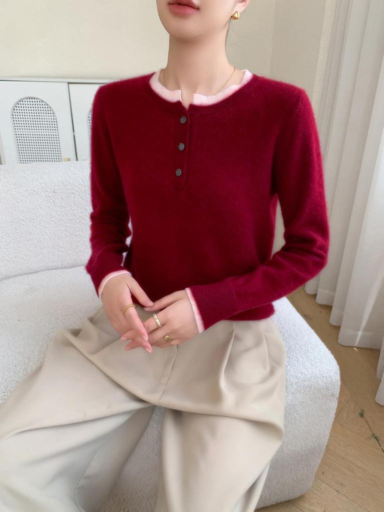 Women's Color Block Cashmere Sweater - Round Neck, Buttoned, Loose Fit, Long Sleeve, Autumn/Winter Collection