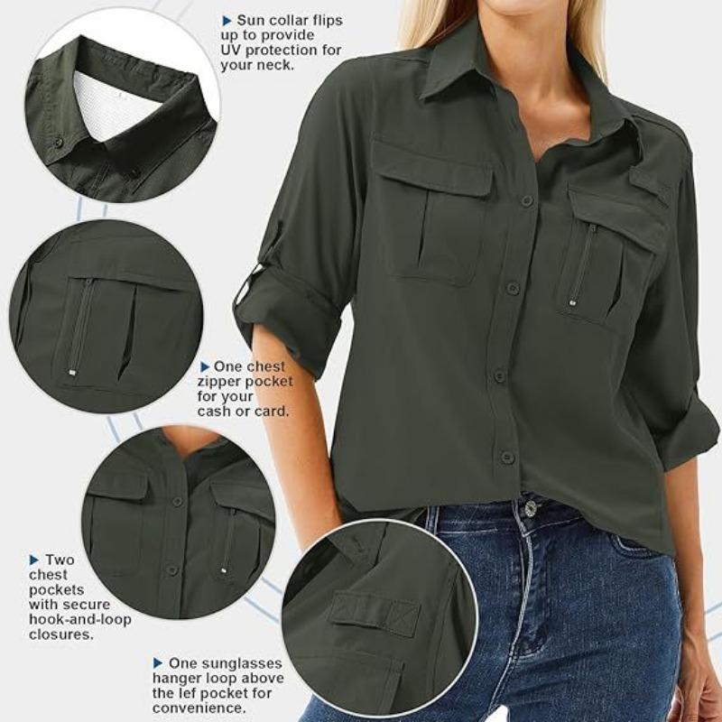 Camicia da Donna Casual a Maniche Corte Traspirante, Elastica, Asciugatura Rapida, con Zip, Colletto Reversibile e Tasca