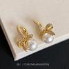 Bow slightly inlaid zircon ear buckle exquisite small pearl earrings light luxury high sense sweet temperament versatile earrings
