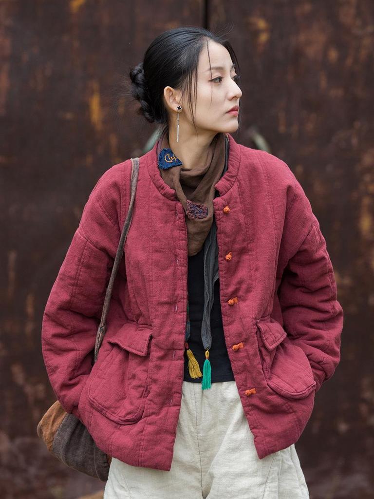 2025 Winter Women's Quilted Ramie Jacket with Frog Button and Stand Collar