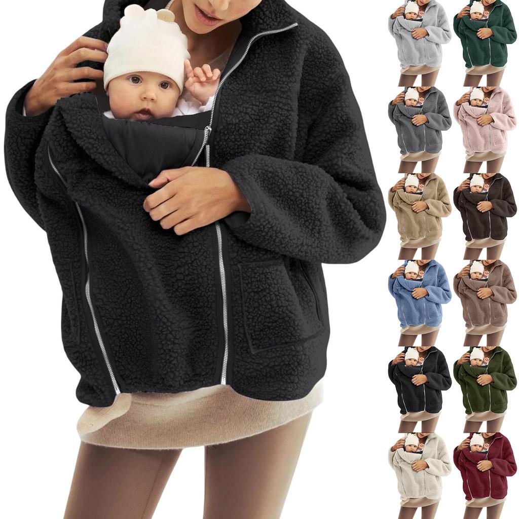 Women's Fashionable Oversized Matching Family Set: Kangaroo- Mother-and-Child One-Piece Solid-Color Shearling Coat