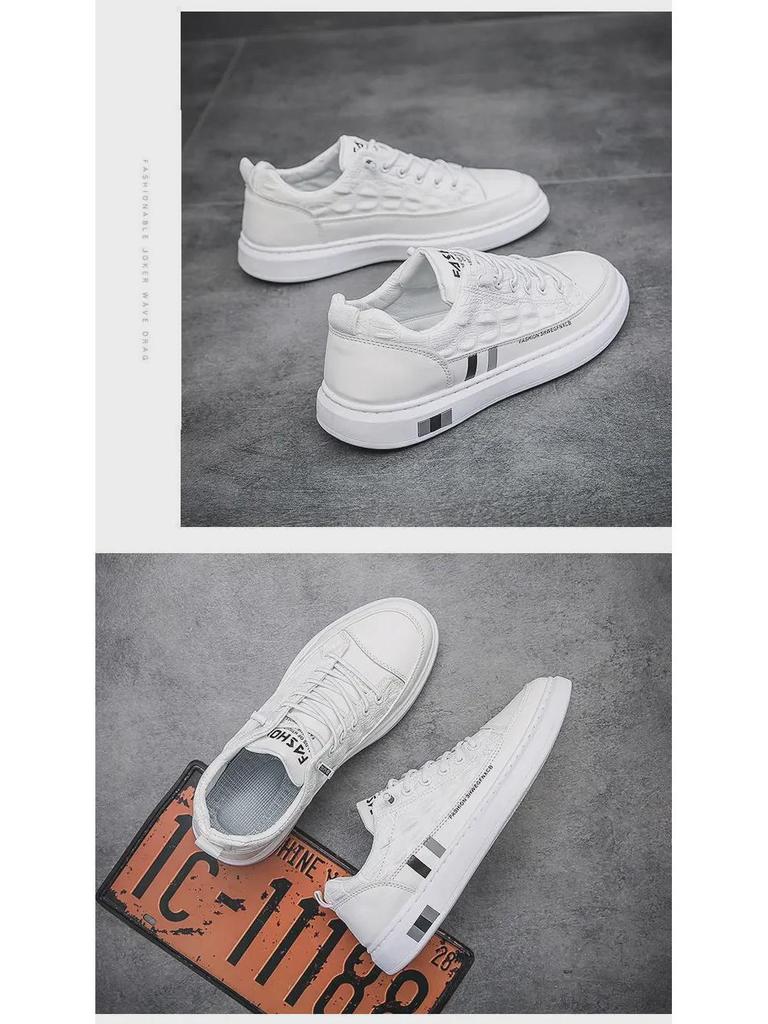 White Crocodile Pattern Leather Sneakers for Men - 2021 Autumn Casual, Versatile, and Non-Slip Soft Sole Shoes.
