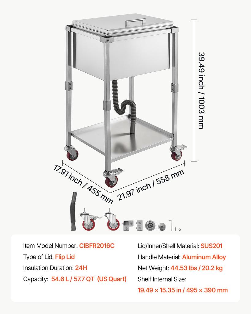 VEVOR Rolling Ice Chest Cooler Cart Stainless Steel Cooling Bin 54.6 L, Outdoor Stand Up Cooler Trolley with Wheels, Flip Lid, and Shelf