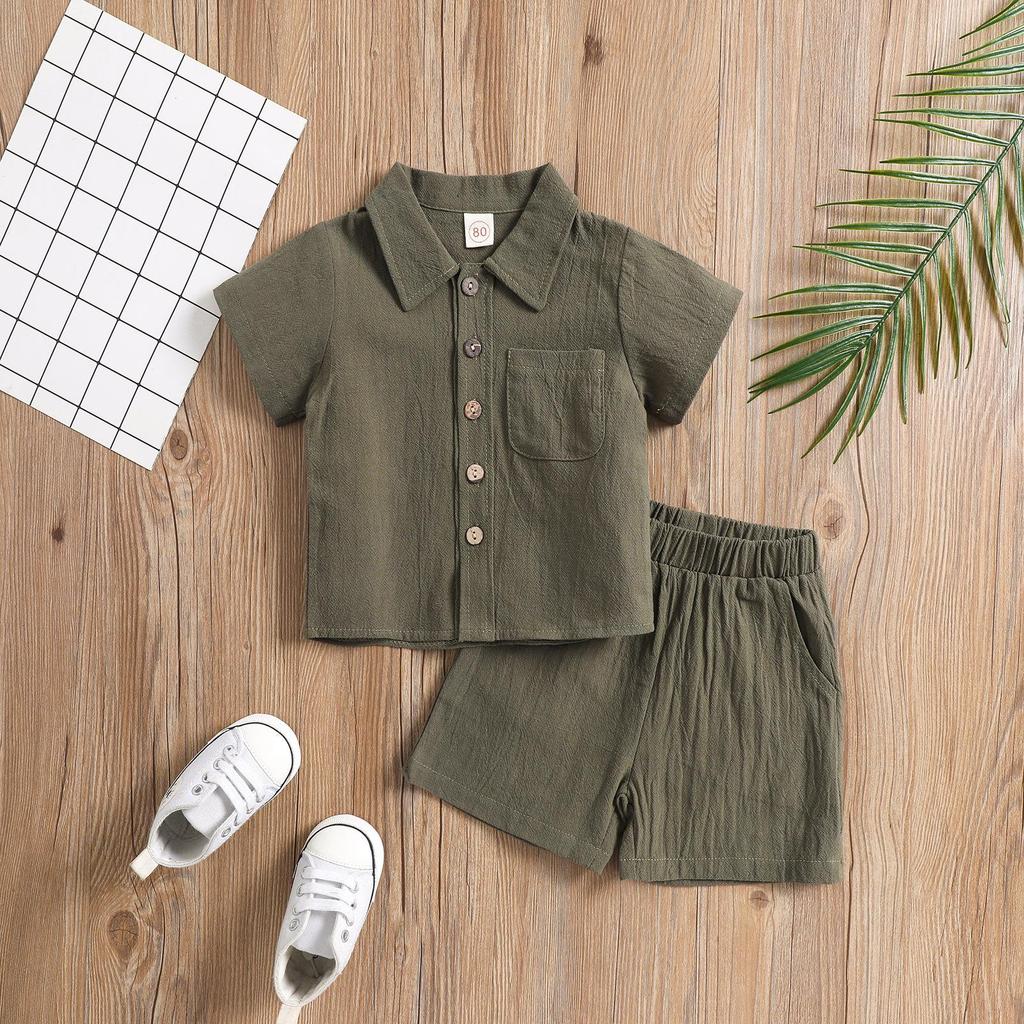 Boys' Summer Set: Solid-Color Short-Sleeve Collared Polo Shirt + Shorts Casual Two Piece Set