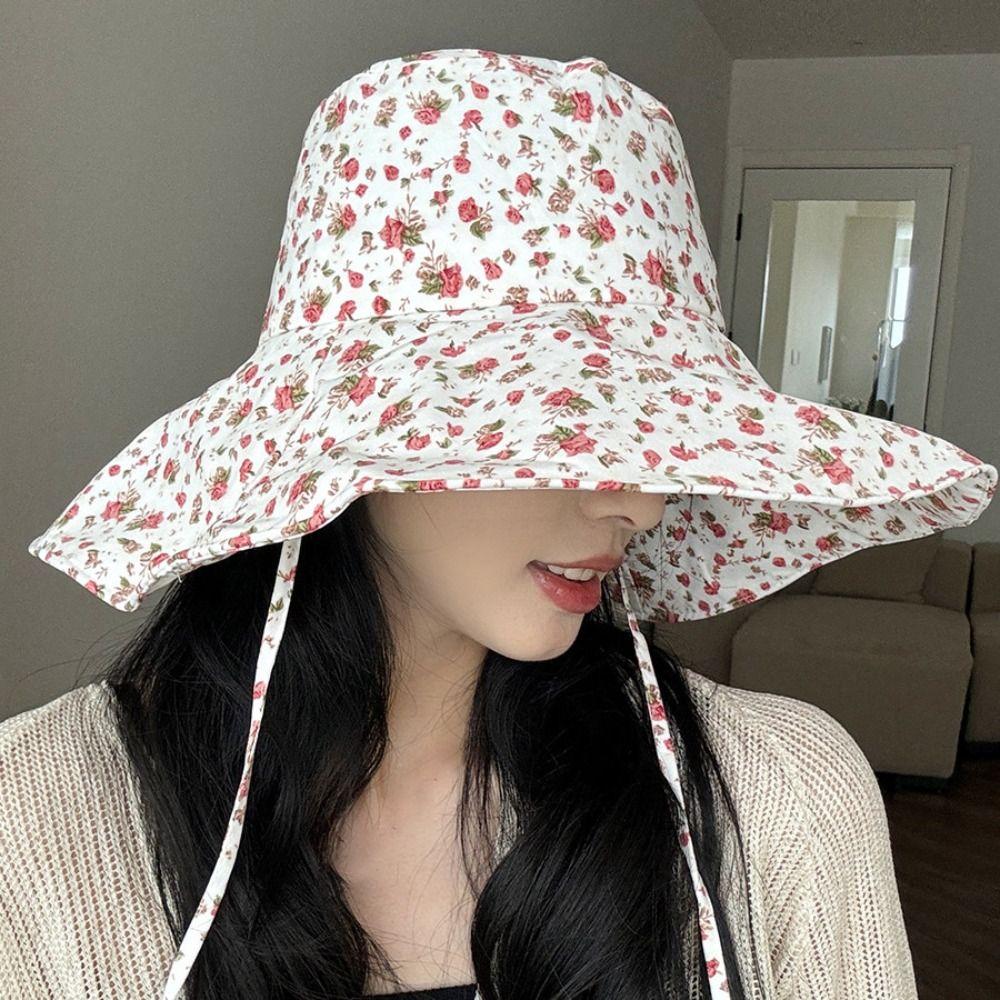 Fashion Floral Fisherman Hat Adjustable Large Brim Sunscreen Hat Foldable Sweet Sun Cap Beach