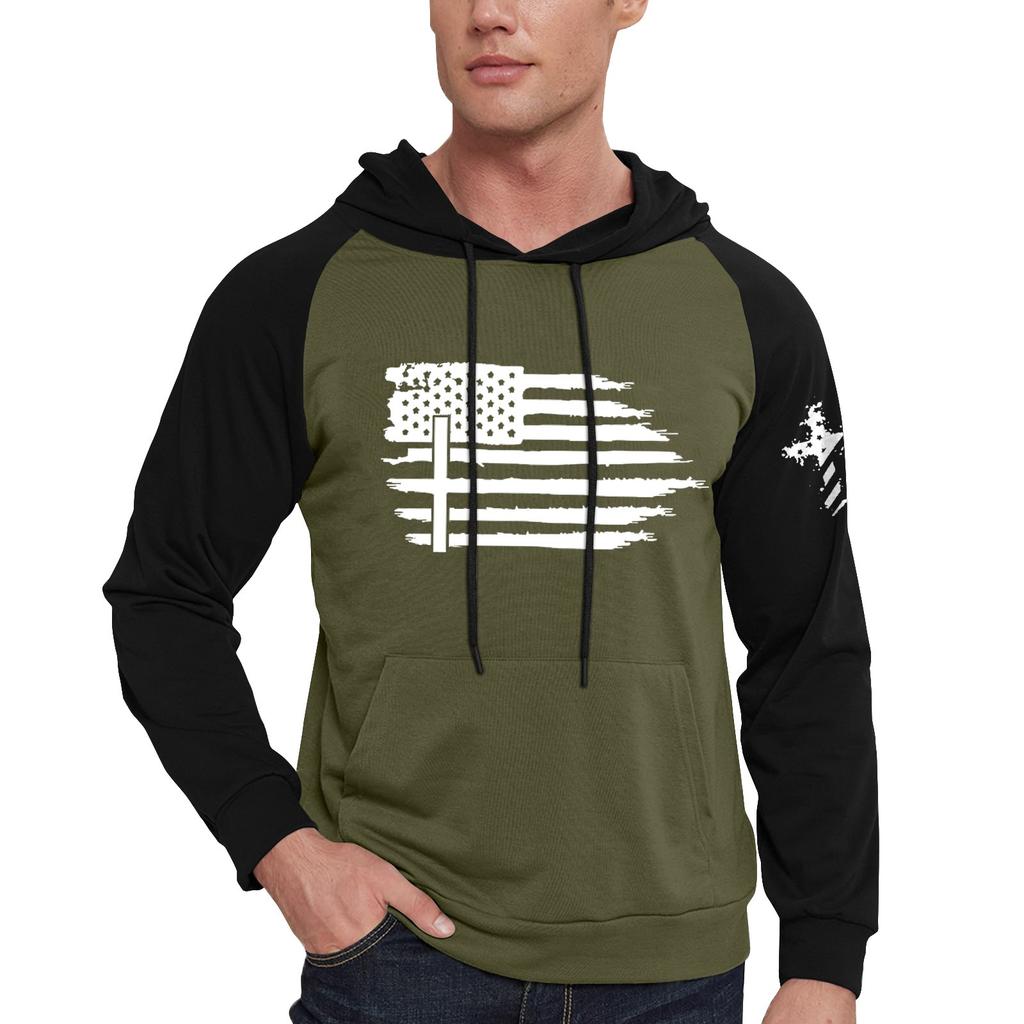 Men's Casual Hooded Drawstring Long Flag Print Sweatshirt With Pockets