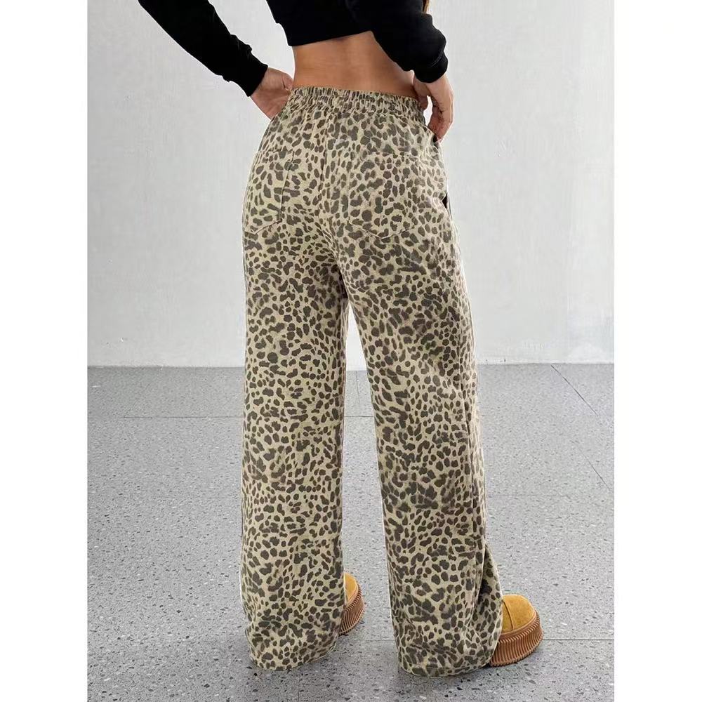 Heißer Verkauf Baggy Straight Leg Jeans für Damen Mädchen High Waist Leopard Print Denim Hose Damen Retro Mode Freizeithose