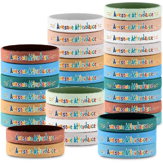 60 Pcs Awesome Attendance Wristbands for Students, Perfect Attendance Awards for Classroom Prizes, Unisex Stretch Silicone Motivational Wristbands 60