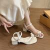 One word belt summer new square head high heels women's 2025 thick heel pearl outer wear black temperament low heel sandals