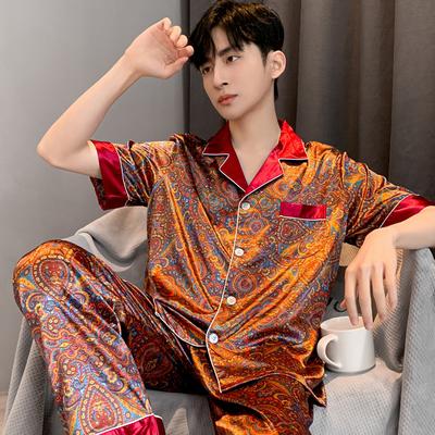 Pajamas Suit Men Summer Ice Silk Short Sleeved Long Pants Thin Male Satin Sleepwear Youth Homewear Set Gentlemen