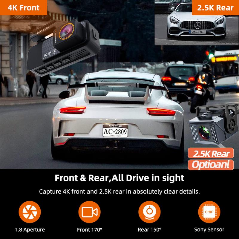 Yangood 4K Dashcam Mini Car DVR Support GPS Speed Display APP/WIFI real-time Control Night Vision2.5K Rear View Camera Black Box