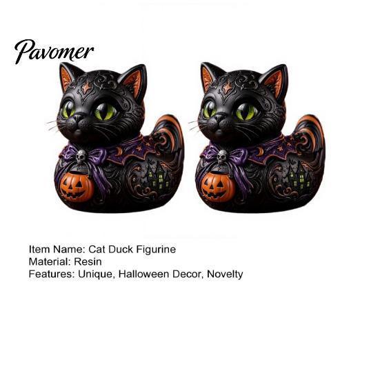 Spooky Home Accents Midnight Witches Cat Duck Figurine, Black Statue Resin Animal Ornament with Pumpkin Lantern, Halloween Decoration for Tabletop