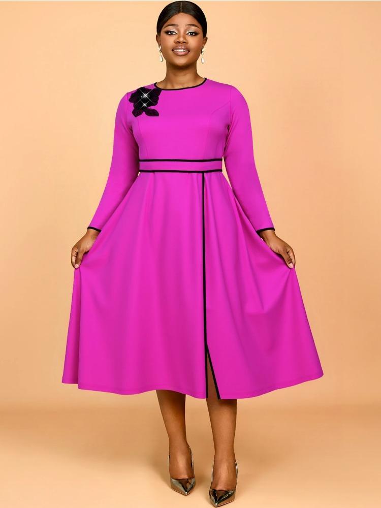 

Женское элегантное платье миди А-силуэта «Роза» с круглым вырезом и длинными рукавами, аппликациями, плиссировкой, цветными блоками и разрезом, классическое вечернее для вечеринки, повседневное для офиса 4XL ярко-розовый