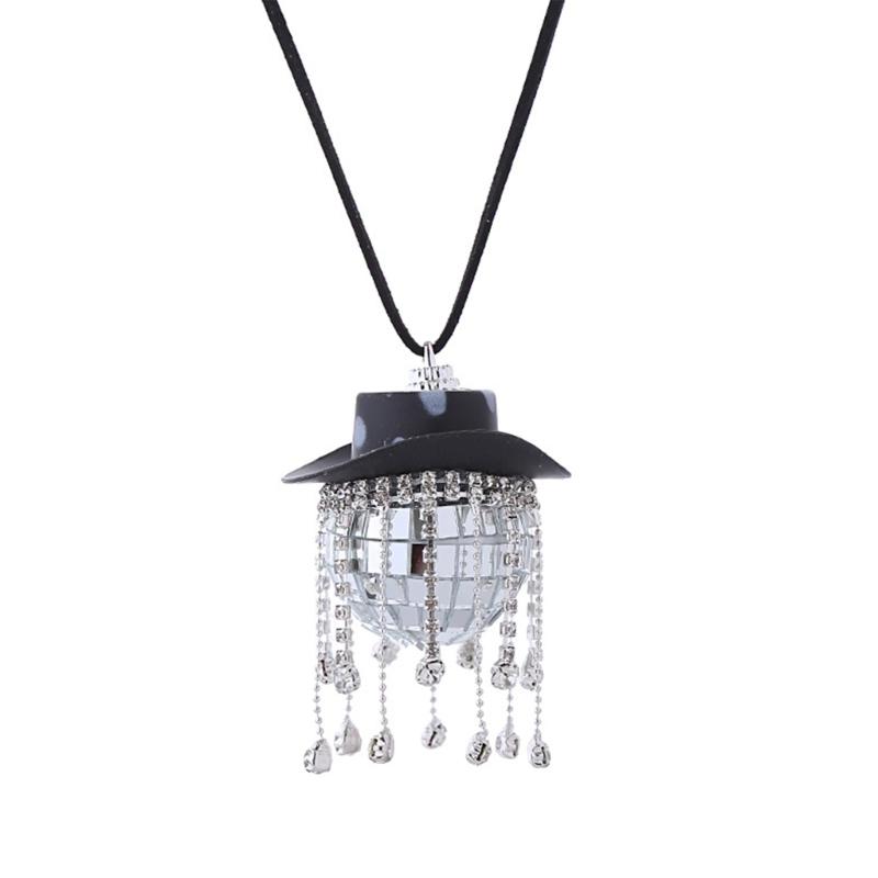 

Discos Ball with Crystal Tassels Car Pendant Cowboy Hat Discos Ball Car Mirror Ornament Car Accessories for Women Men