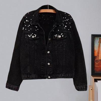 Women Jacket Stylish Winter Women's Denim Coat with Bead Decor Plus Size Long Sleeves Turn-down Collar Casual Streetwear Jacket