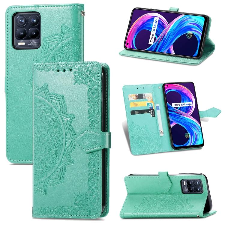 Dla OPPO Realme 8 / 8 Pro 4G Wzór wytłaczany Mandala Skórzane etui z klapką poziomą z uchwytem i przegródkami na karty i portfelem i smyczą(Fioletowy)