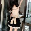 Japanese Kawaii 2 Piece Skirt Set Elegant Vintage College Style Striped Bow Top + Women Sweet Lace High Waisted Skirt Female