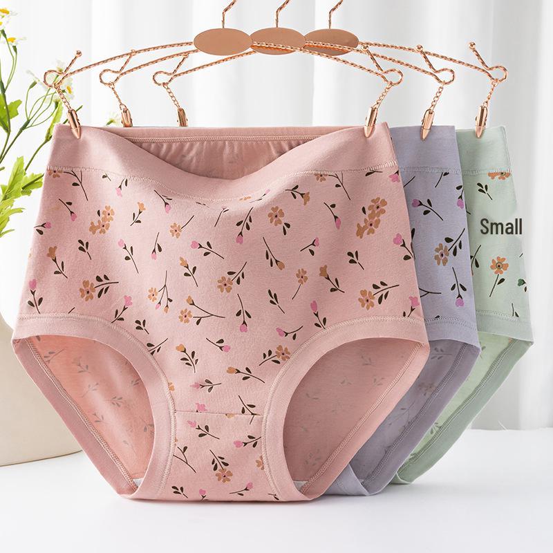 High-Waisted Cotton Printed Seamless Plus Size Antibacterial Briefs for Middle-Aged Women