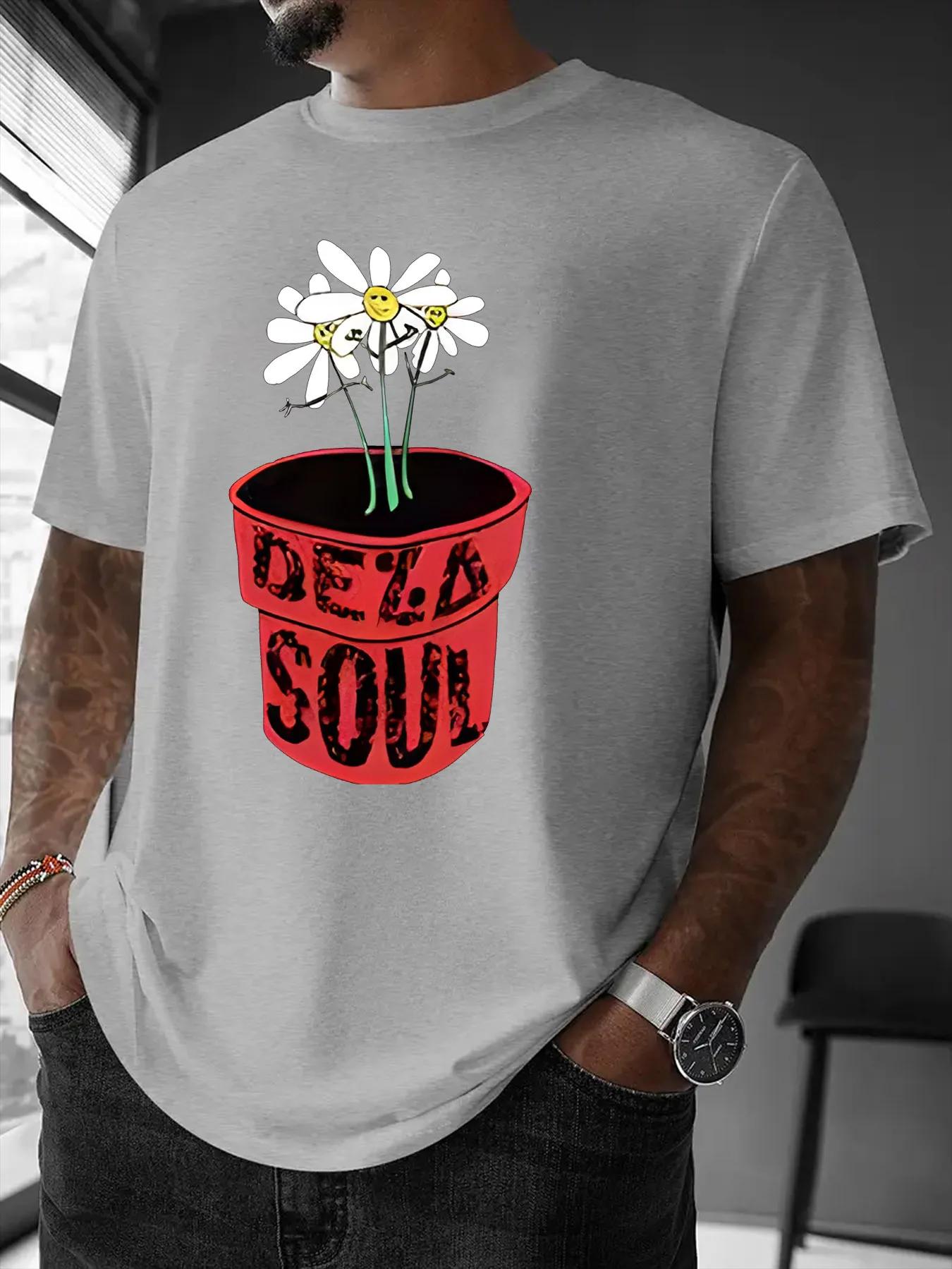 Mens Casual Graphic Tee Daisy Plant DEZA SOUL Print Short Sleeve TShirt Unisex Streetwear Style Blend Summer Casual Attire S
