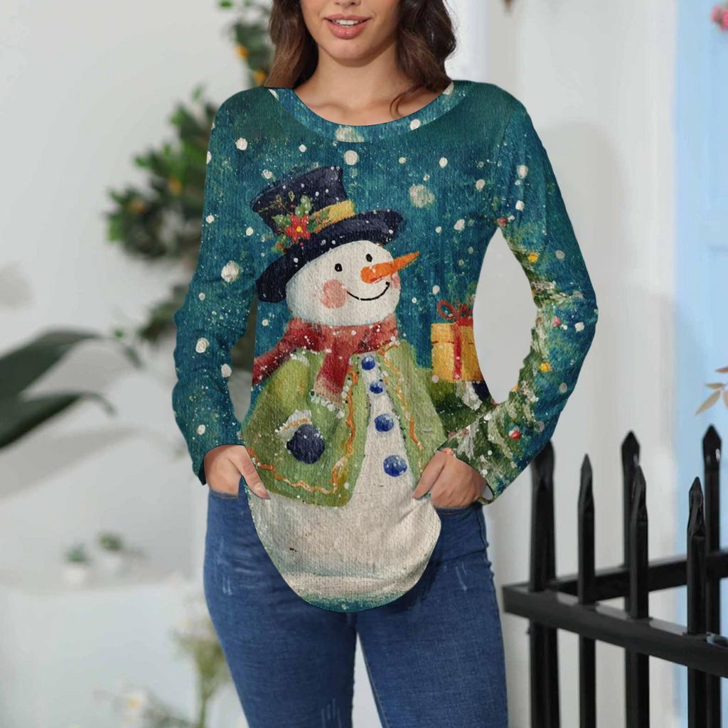 Tee Shirts For Women Casual Round Neck Long Sleeve Shirts Christmas Printing Top Pullover
