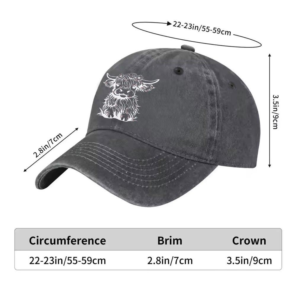 Highland Cow Print Baseball Cap Washed Denim Adjustable Outdoor Casual Fashion Hat