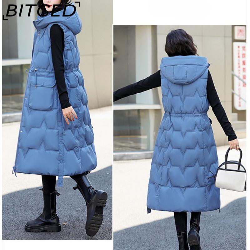 BITCED Women's Plus Size Long Down-Filled Quilted Vest with Hood, Thickened Sleeveless Coat for Autumn/Winter