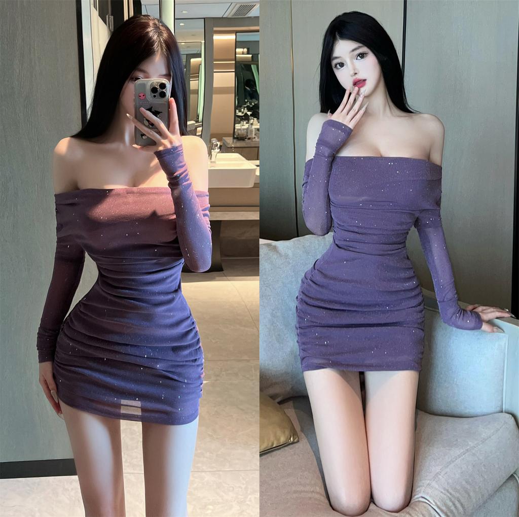 Sexy one-word shoulder mesh dress women's autumn new pure desire style slim and thin hip-wrapped bottoming skirt
