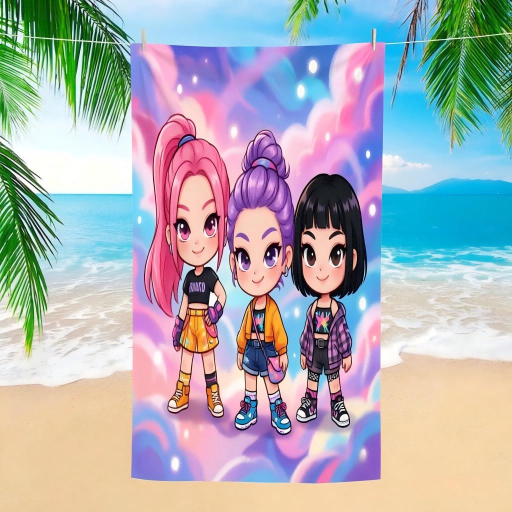 Kawaii Chibi Anime K-pop Girl Beach Towel Purple Galaxy Printed Microfiber Poncho Soft Absorbent Towel for Kids Adults Beach