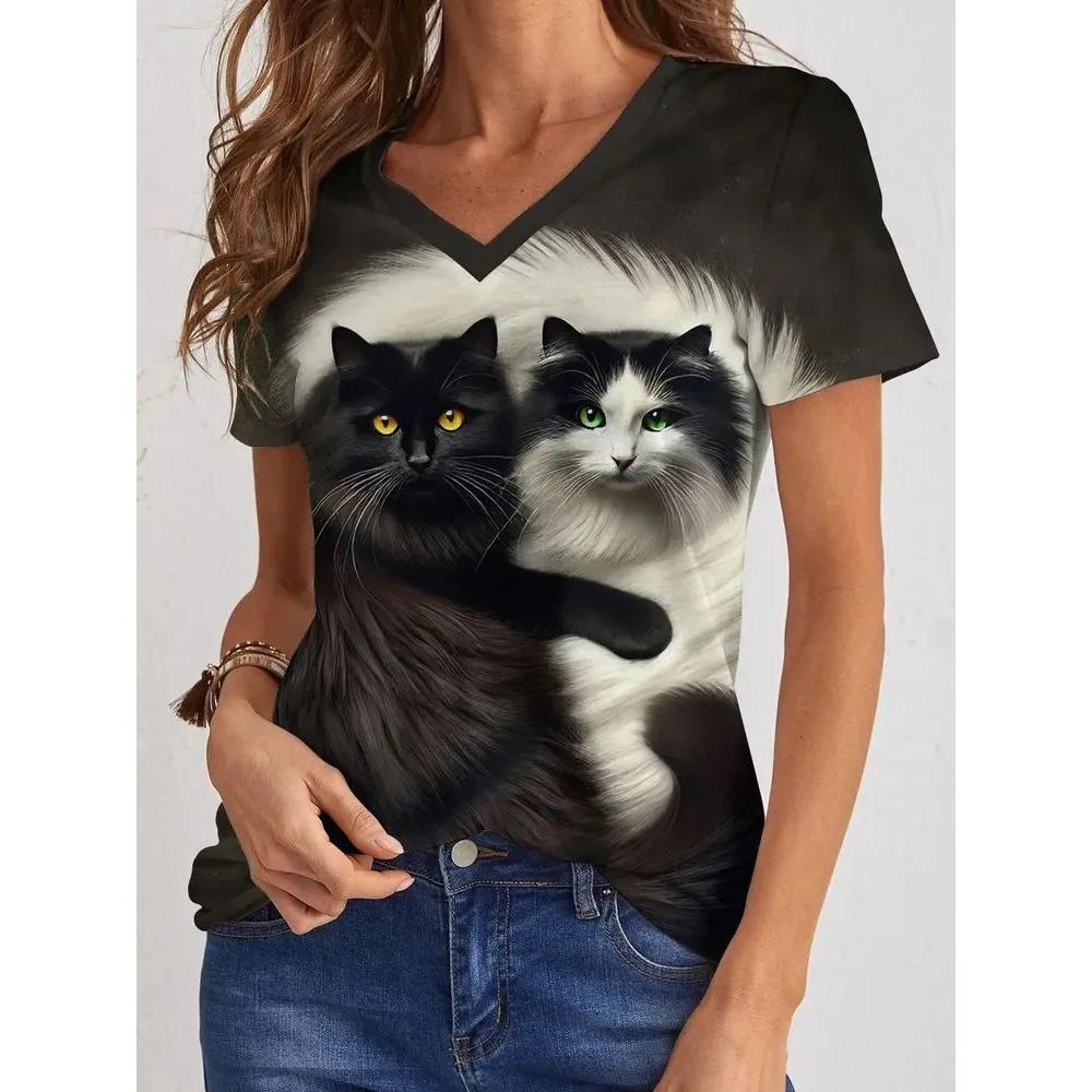 Summer V-neck Cute Cat Pattern 3D Printed Top Fashionable Casual Short Sleeved Women's T-shirts