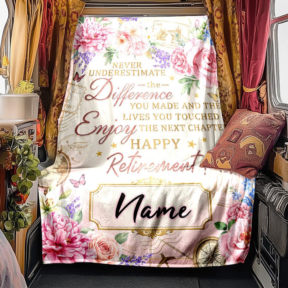 Happy Retirement Floral Card Blanket Personalized Name Soft Comfortable Stylish Blanket Car Blanket Perfect For Travel Camping Outdoor Home Suitable