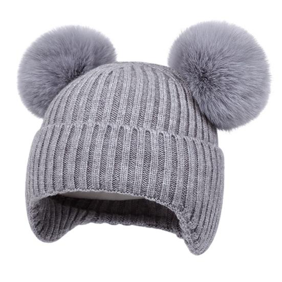 Yousheng Kids Knitted Hat Dual Fur Ball Decor Ear Protection Warm Hat Solid Color Elastic Warm Windproof Hat Headwear