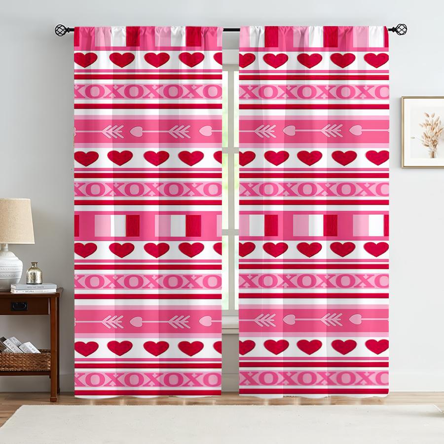 2PCS Pink Striped Heart-shaped Symbol Curtain, Sweet and Cool Style, Living Room and Bedroom, Decorative with Drawbar Pockets