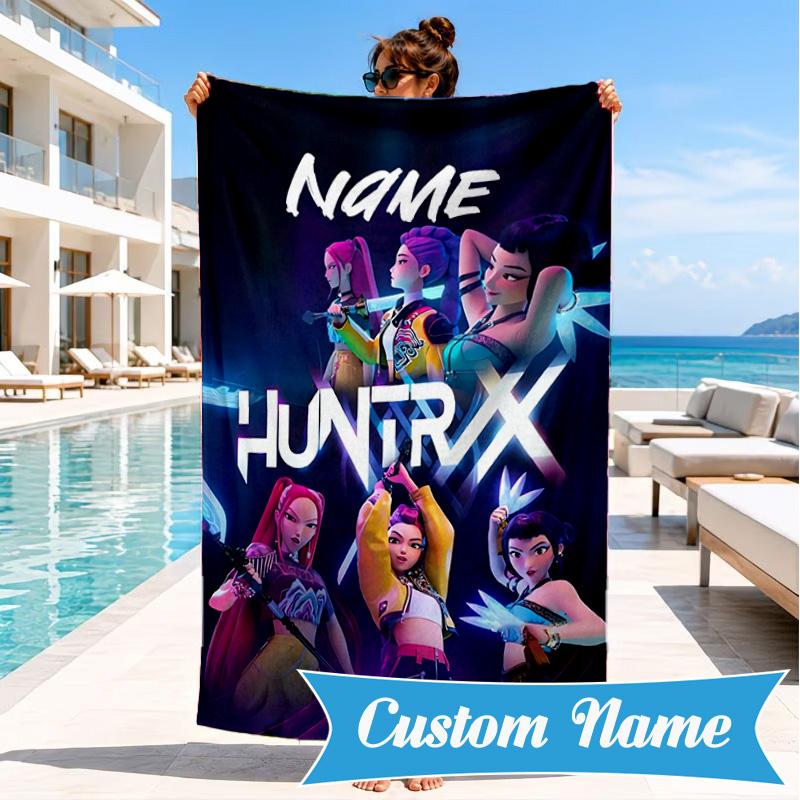 Custom Name Neon Future Heroes KPop Beach Towel Microfiber Beach Towel, Lightweight and Quick-Dry, for Summer Travel, Swimming Pool Gift
