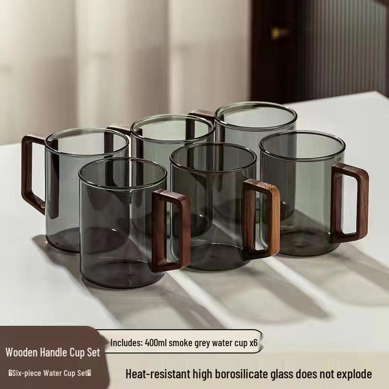High-End Green Tea Glass Cup Set with Wooden Handle - Large Capacity, Thickened, High Temperature Resistant