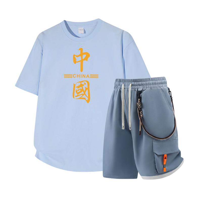 Men's Short Sleeved Set Summer Short Sleeved Slim Fit Upper Garment Men's Two-piece Set