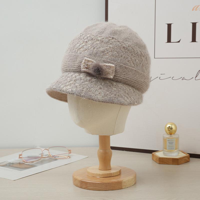 New Autumn and Winter Two Color Plush Bow Warm Basin Hat Versatile Bright Silk Rabbit Hair Basin Hat Can Scarf Cold Proof Set