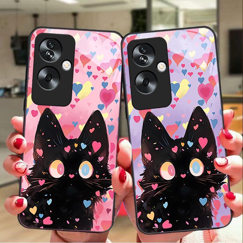Cute Little Cat Black For Oppo A79 5G 58 78 74 60 4G Reno 11F Realme GT 6 11 Note 50 10 C55 X2 Tempered Glass Black Phone Case