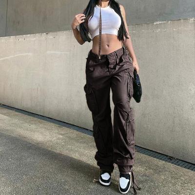 Damen Cargohose, elastische Taille, Hip-Hop, einfarbig, mehrere Taschen, weich, locker, gerade, Vintage, hohe Taille, Streetwear, Kordelzug, lange Damenhose
