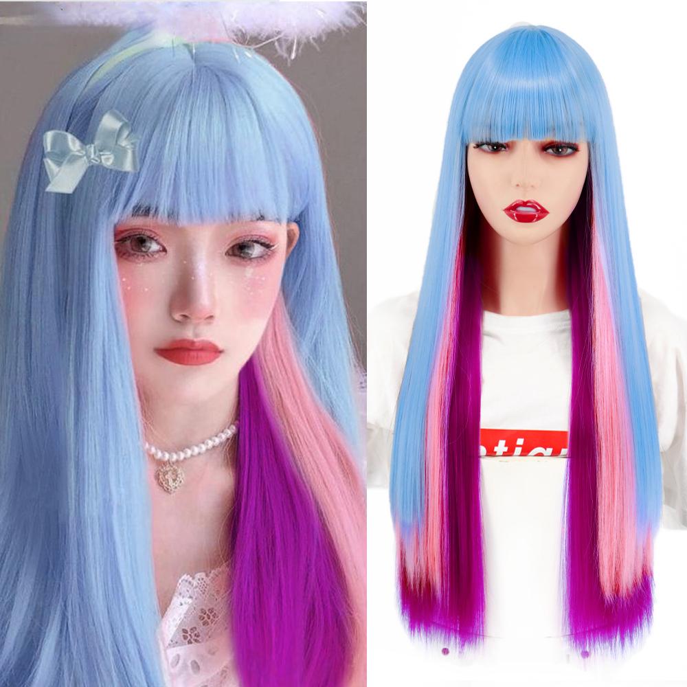 MERISIHAIR Brown Long Straight Wig with Blunt Bangs Synthetic Heat Resistant Fiber Wig for Women Daily Wear