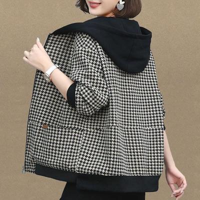 Women's Short Jacket Houndstooth Small Fragrance Large Size Casual Windbreaker Mom Spring and Autumn Top