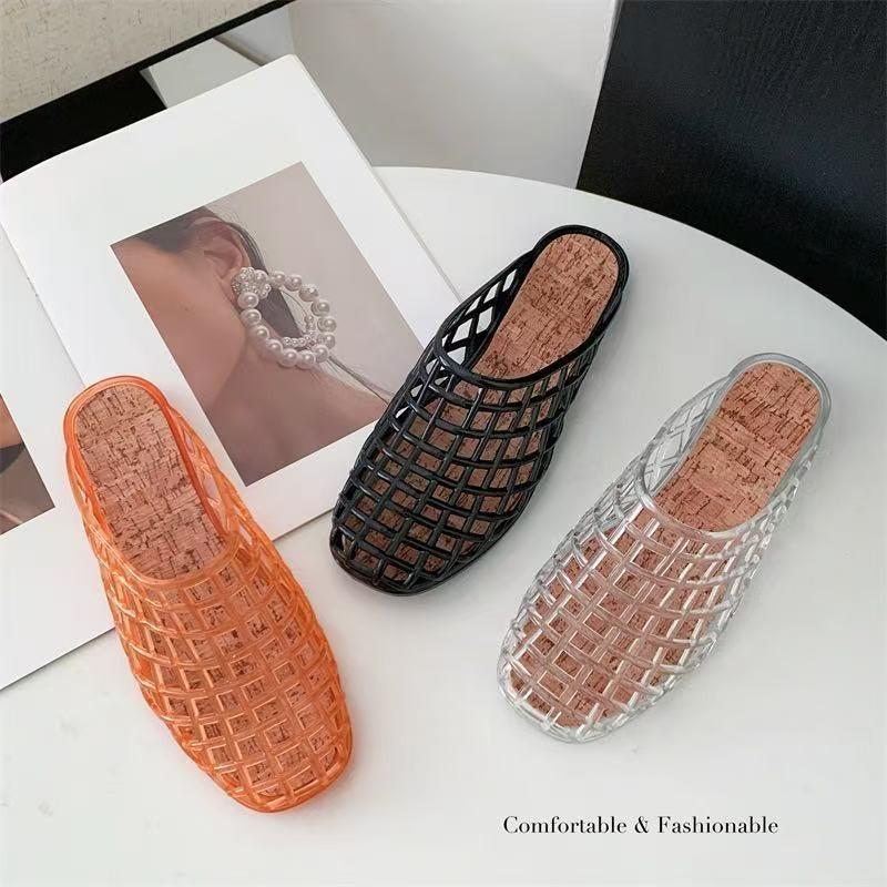 Niche Design Summer New Square Head Hollow One Pedal Flat Bottom Soft Bottom Jelly Bag Head Cool Slippers Women