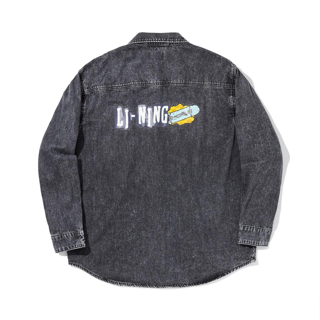 Li Ning Skateboard Series Letter Button Placket Denim Long Sleeve Shirt Men Shirts Black ASHU519-4