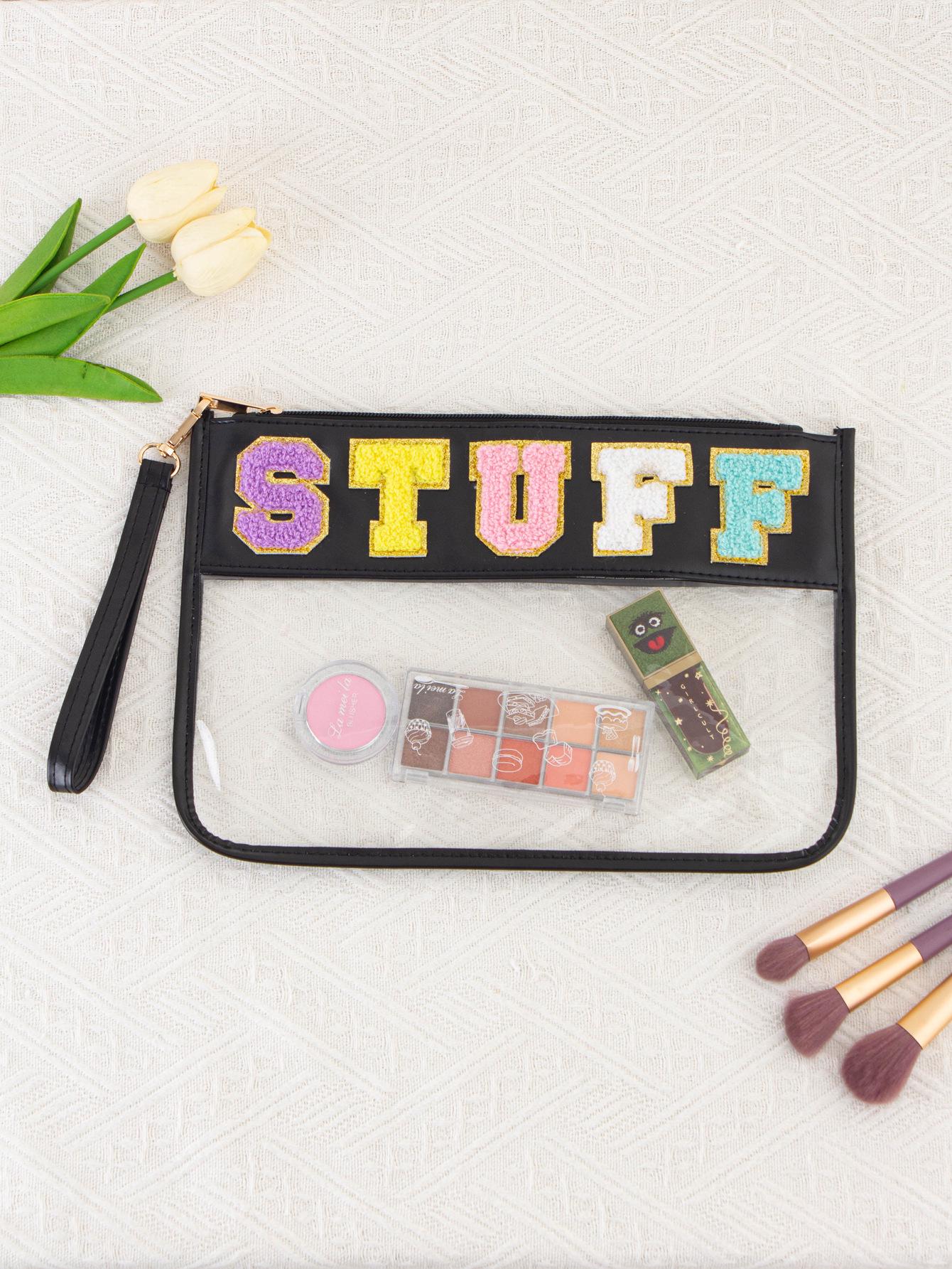 

Transparent PVC Zipper Snack Bag with Embroidered Letters - Portable PU Waterproof Makeup and Toiletry Handbag 32x22 cm